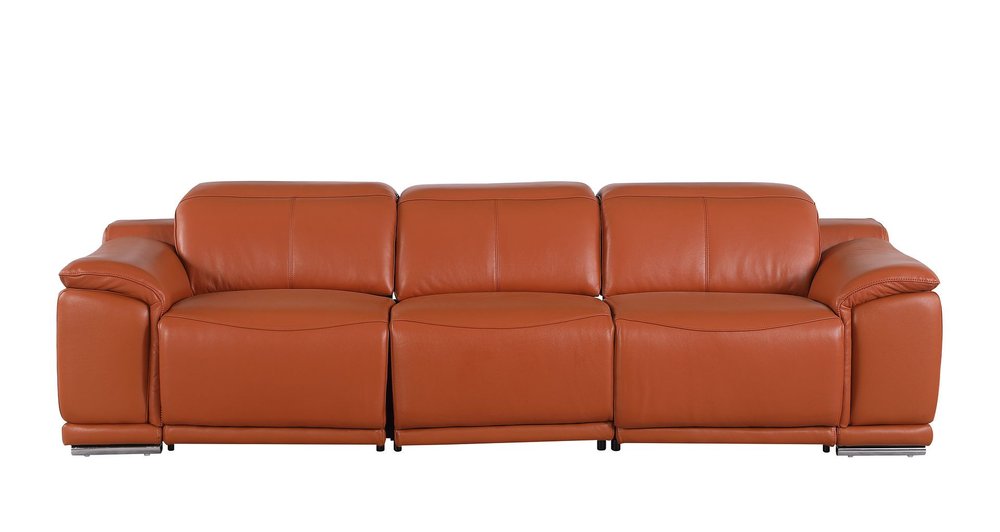 107" Camel Italian Leather Reclining Metal USB Sofa