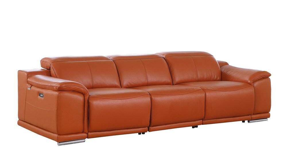 107" Camel Italian Leather Reclining Metal USB Sofa