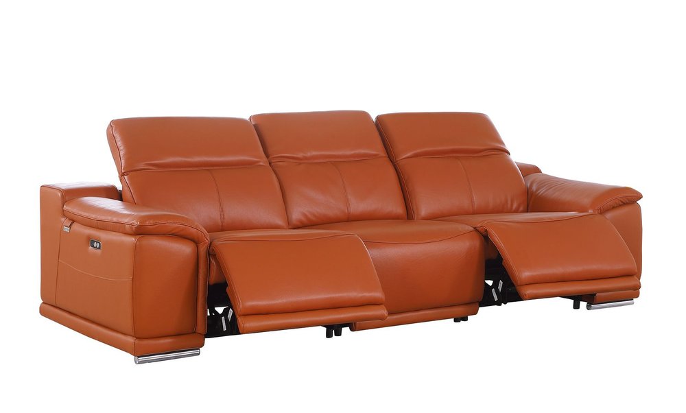 107" Camel Italian Leather Reclining Metal USB Sofa