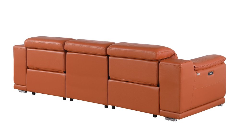 107" Camel Italian Leather Reclining Metal USB Sofa