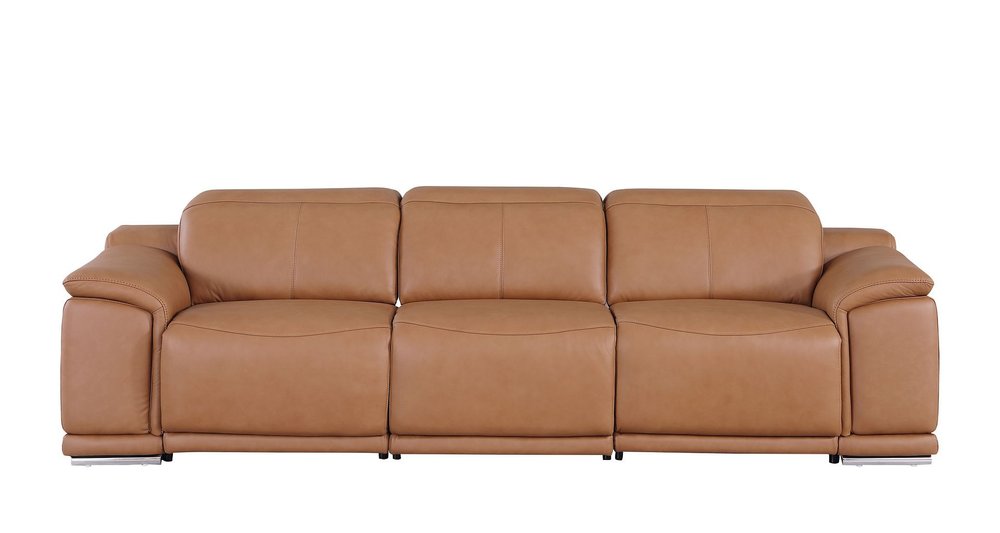 107" Camel Italian Leather Reclining Metal USB Sofa
