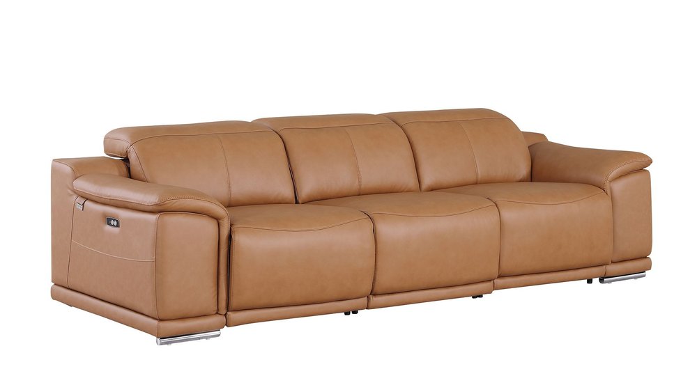 107" Camel Italian Leather Reclining Metal USB Sofa