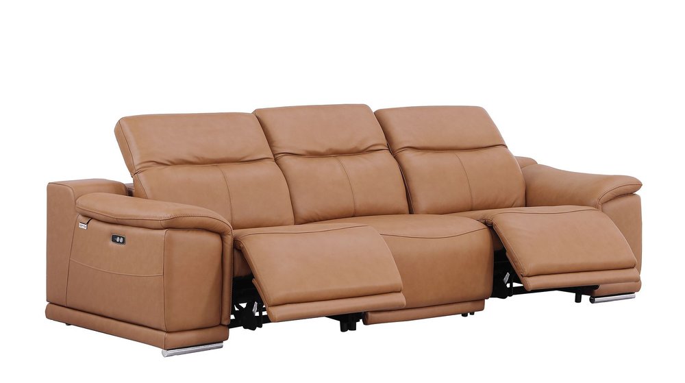 107" Camel Italian Leather Reclining Metal USB Sofa