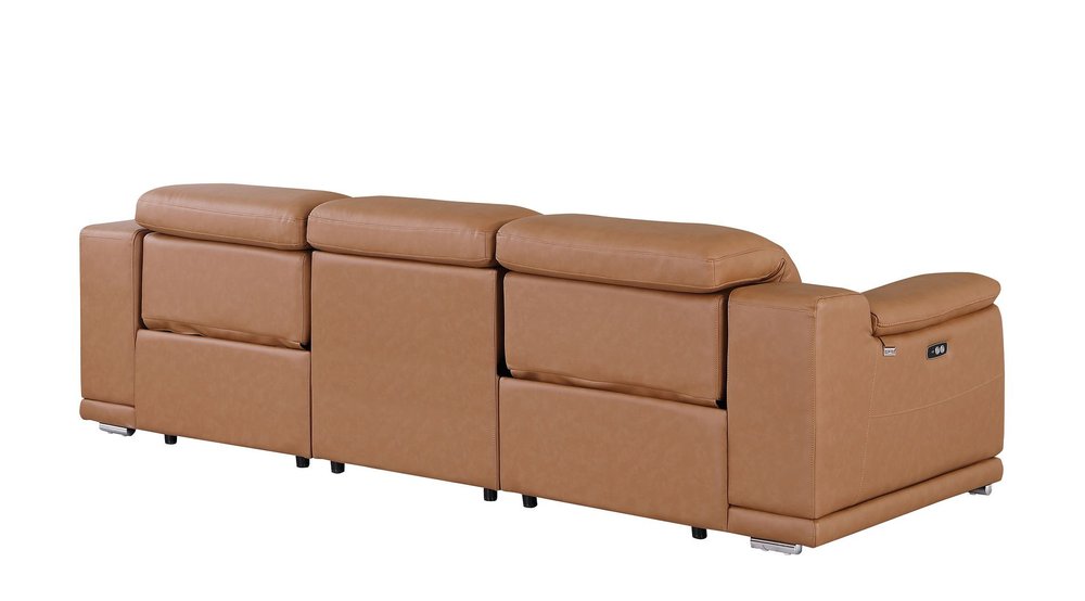 107" Camel Italian Leather Reclining Metal USB Sofa