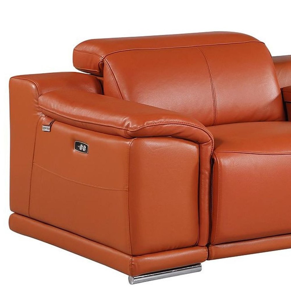 134" Camel Italian Leather Reclining Metal USB Sofa
