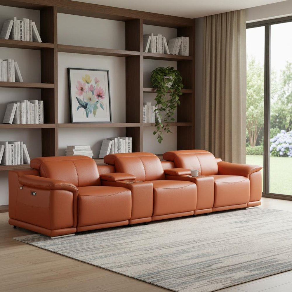134" Camel Italian Leather Reclining Metal USB Sofa