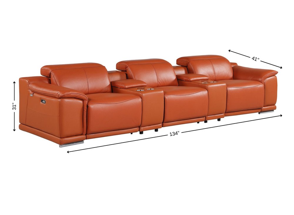134" Camel Italian Leather Reclining Metal USB Sofa