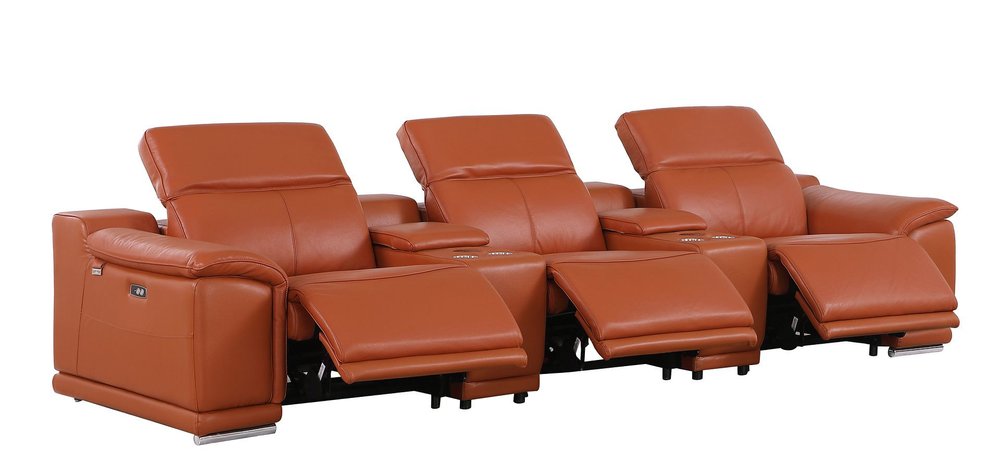 134" Camel Italian Leather Reclining Metal USB Sofa