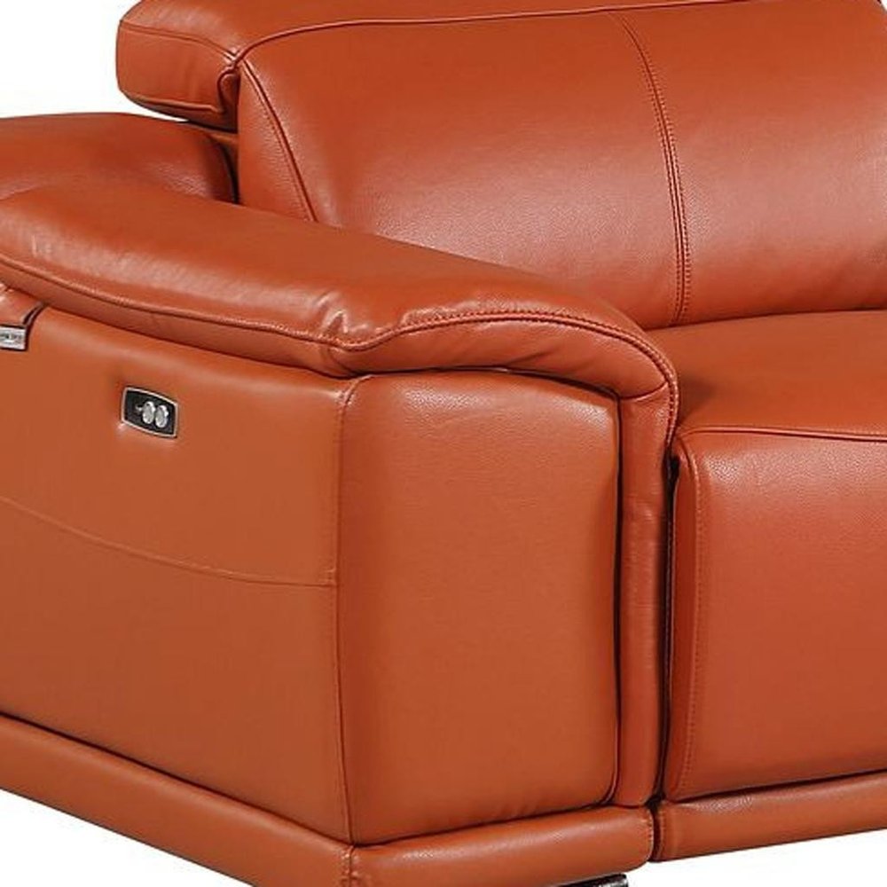 134" Camel Italian Leather Reclining Metal USB Sofa