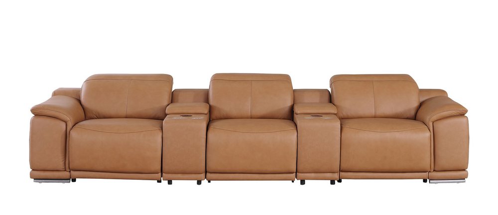 134" Camel Italian Leather Reclining Metal USB Sofa