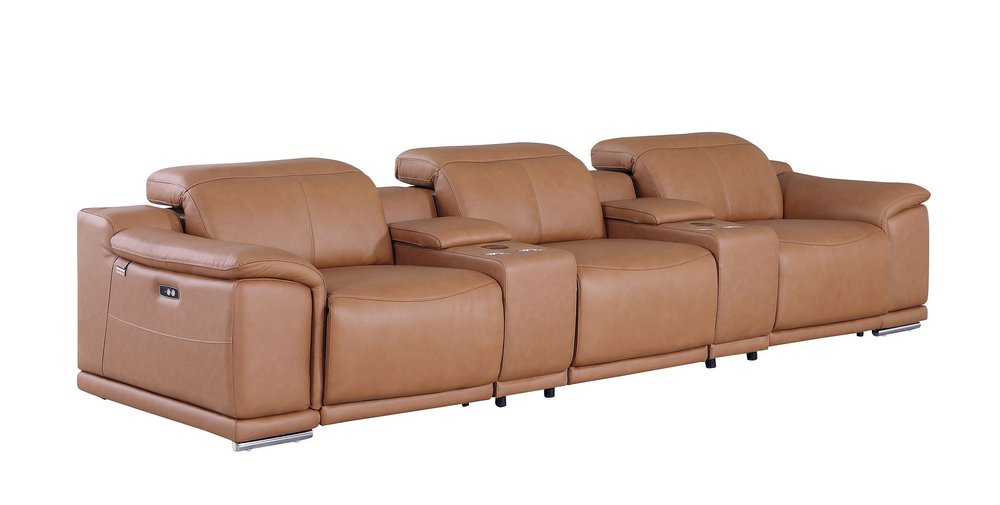 134" Camel Italian Leather Reclining Metal USB Sofa