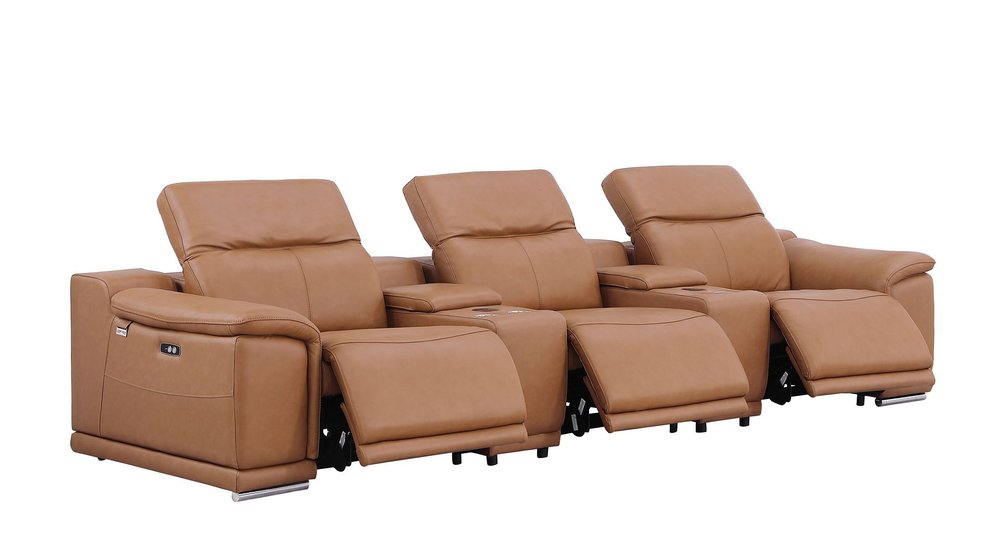 134" Camel Italian Leather Reclining Metal USB Sofa
