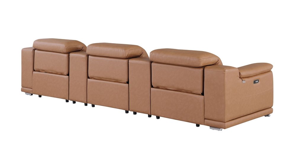 134" Camel Italian Leather Reclining Metal USB Sofa