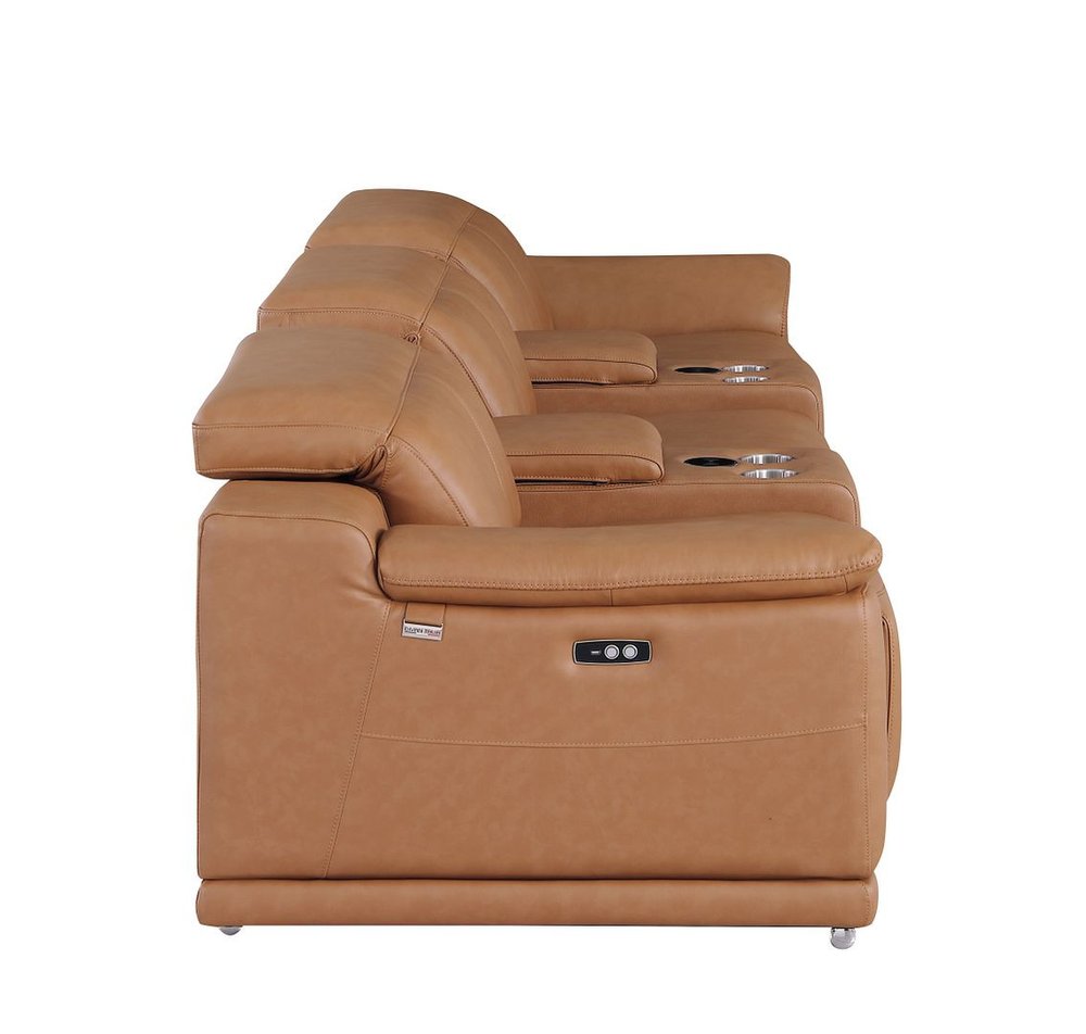 134" Camel Italian Leather Reclining Metal USB Sofa