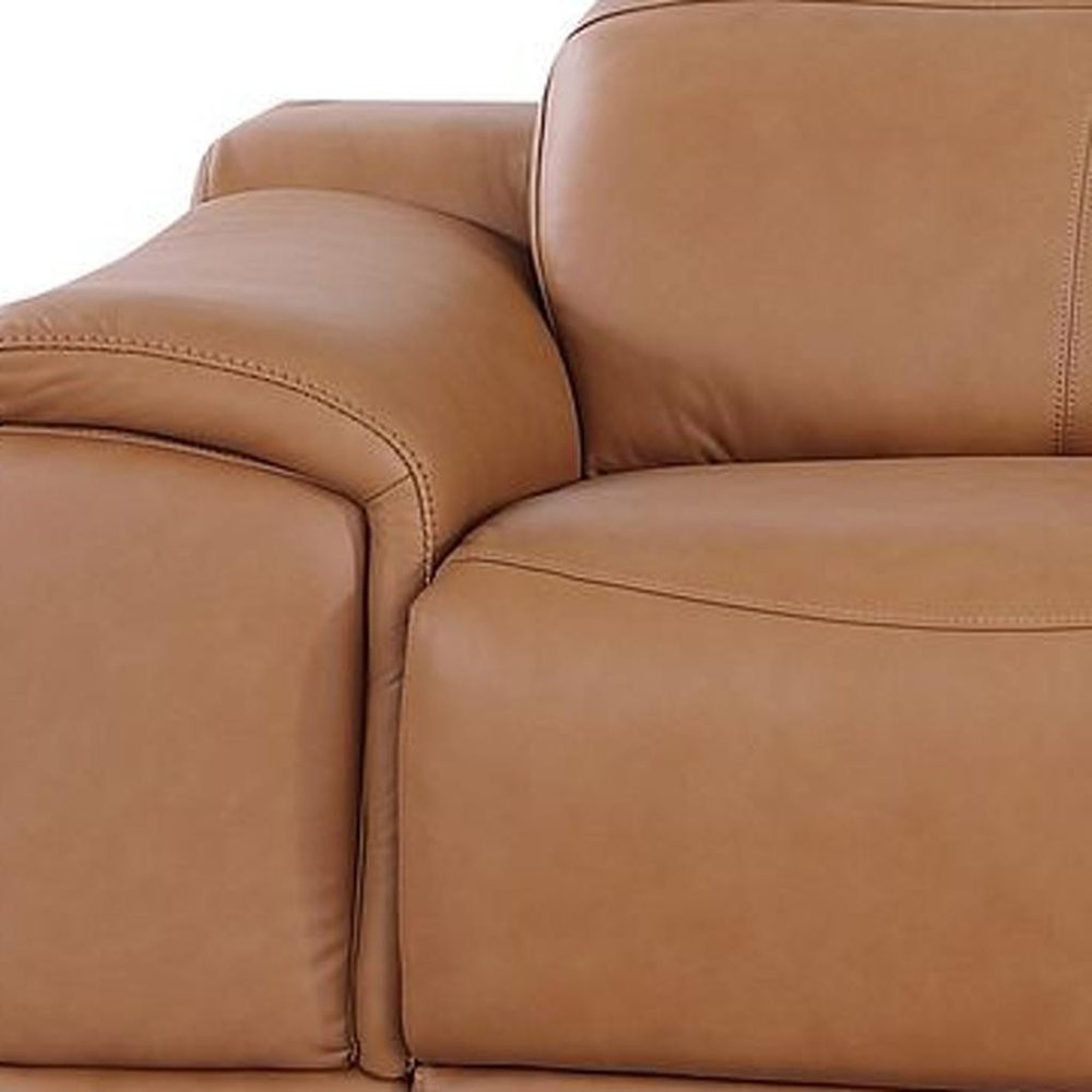 134" Camel Italian Leather Reclining Metal USB Sofa