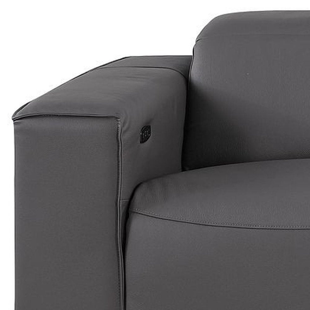 110" Dark Gray Top Grain Leather Reclining Metal USB Sofa
