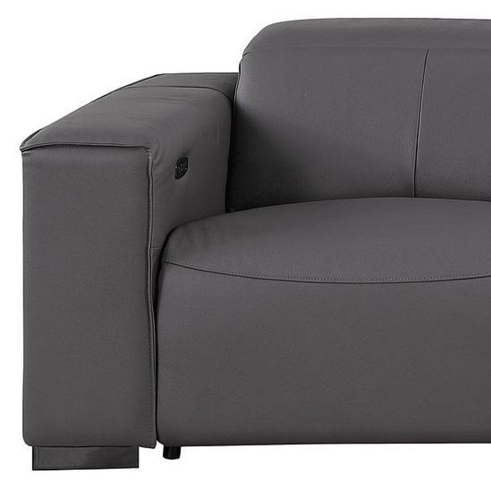 110" Dark Gray Top Grain Leather Reclining Metal USB Sofa