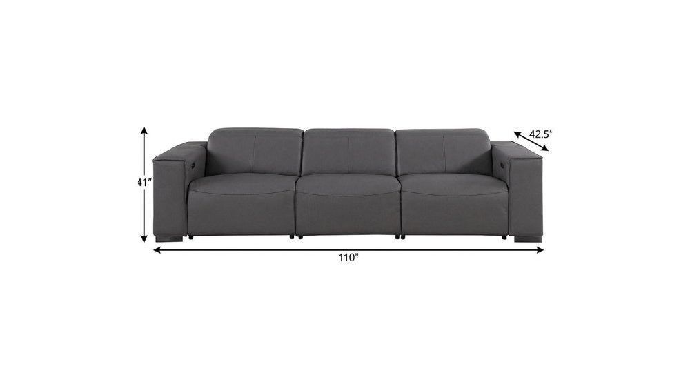 110" Dark Gray Top Grain Leather Reclining Metal USB Sofa