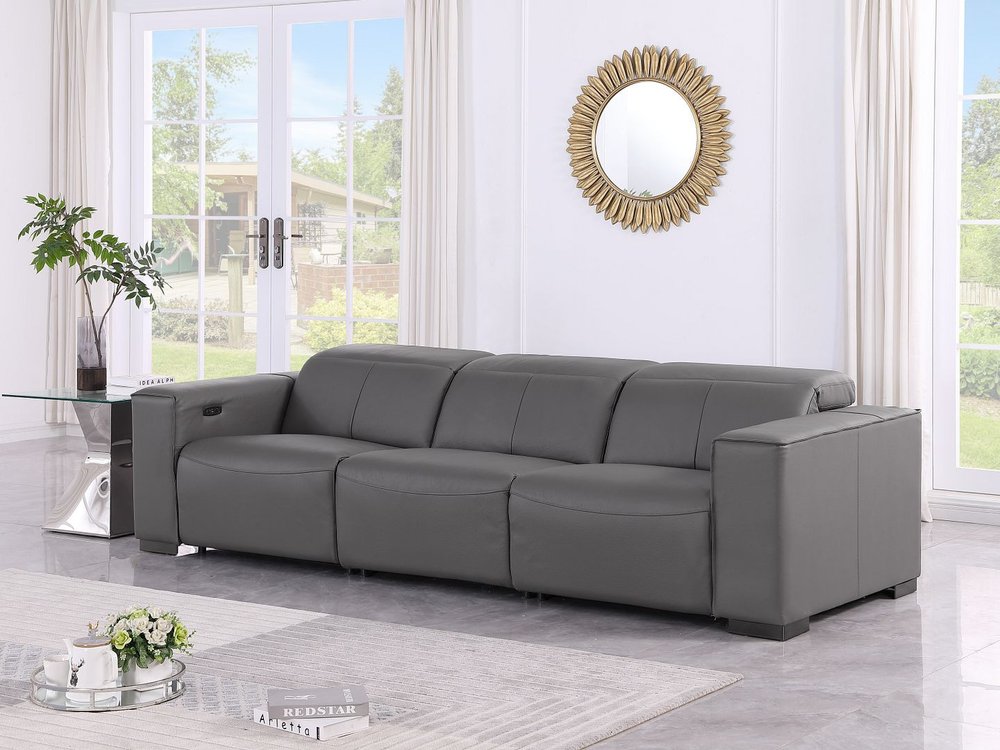 110" Dark Gray Top Grain Leather Reclining Metal USB Sofa