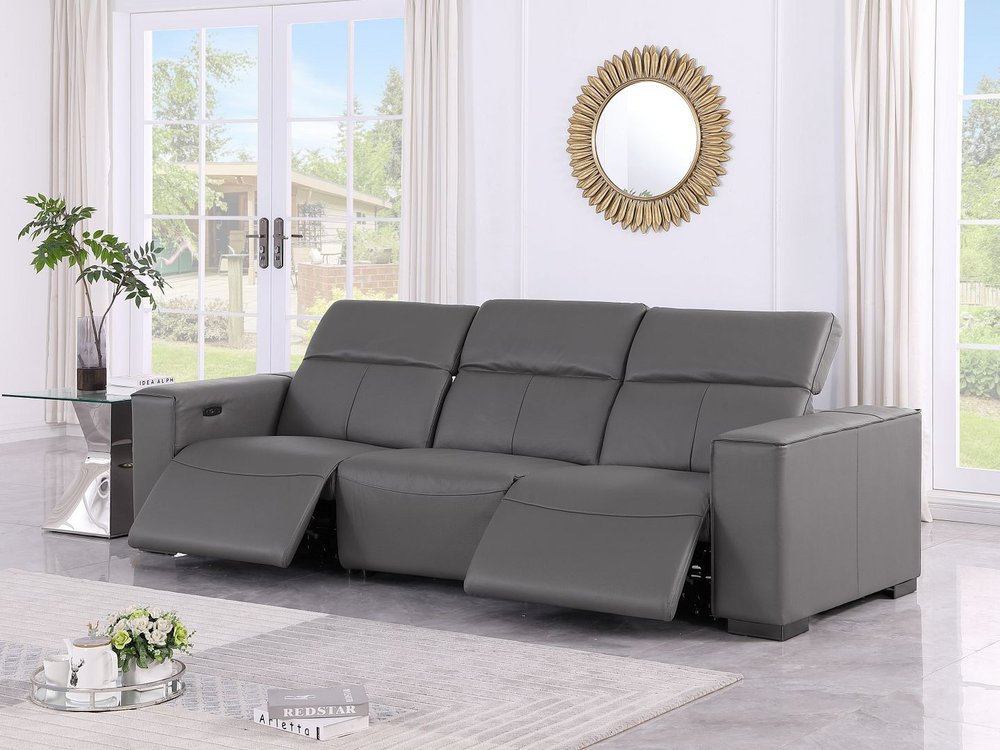 110" Dark Gray Top Grain Leather Reclining Metal USB Sofa