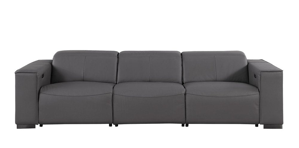 110" Dark Gray Top Grain Leather Reclining Metal USB Sofa