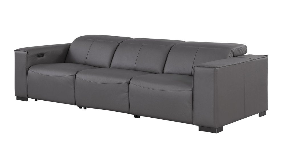 110" Dark Gray Top Grain Leather Reclining Metal USB Sofa