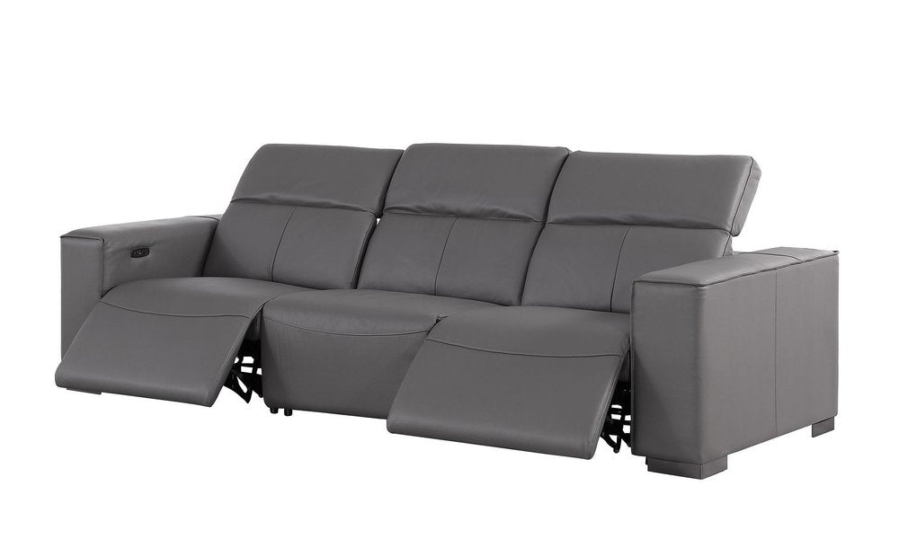 110" Dark Gray Top Grain Leather Reclining Metal USB Sofa