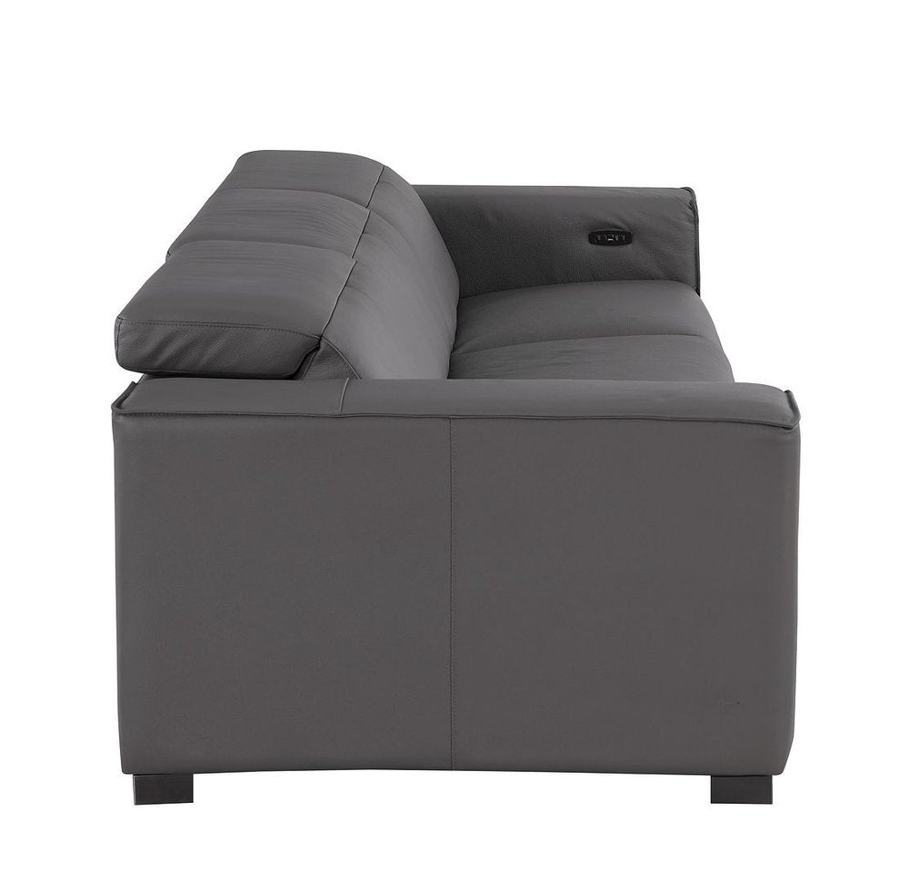 110" Dark Gray Top Grain Leather Reclining Metal USB Sofa