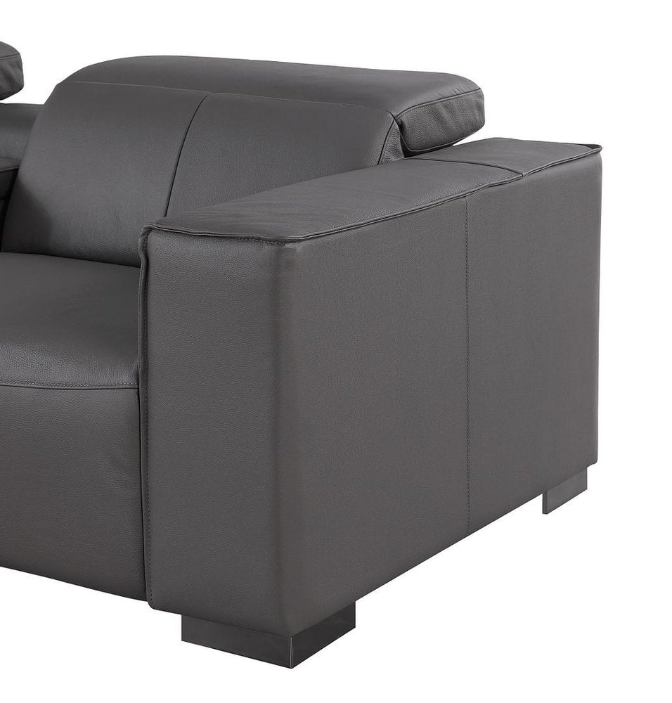 110" Dark Gray Top Grain Leather Reclining Metal USB Sofa