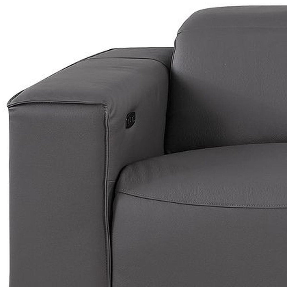 110" Dark Gray Top Grain Leather Reclining Metal USB Sofa