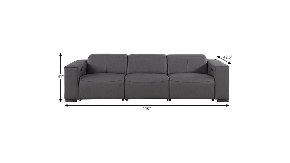 110" Dark Gray Top Grain Leather Reclining Metal USB Sofa