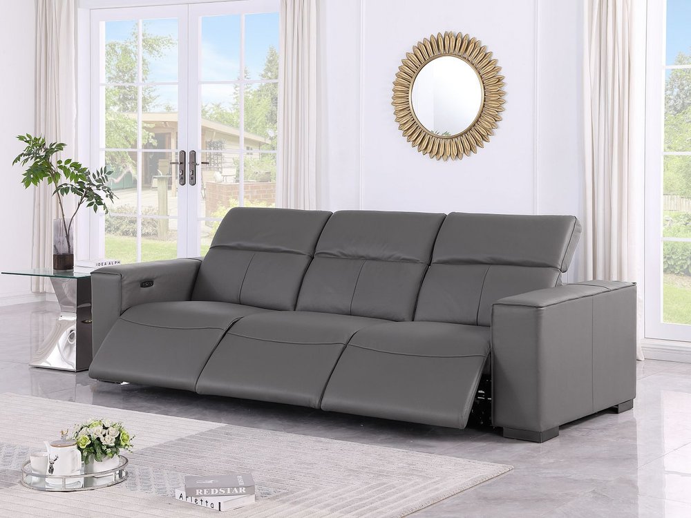110" Dark Gray Top Grain Leather Reclining Metal USB Sofa
