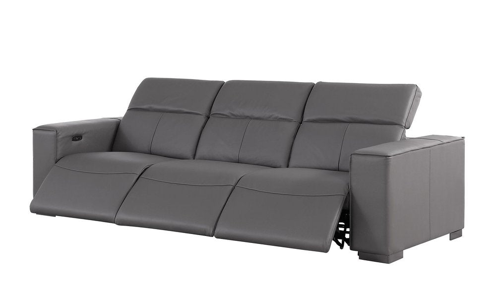 110" Dark Gray Top Grain Leather Reclining Metal USB Sofa