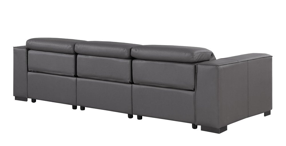 110" Dark Gray Top Grain Leather Reclining Metal USB Sofa