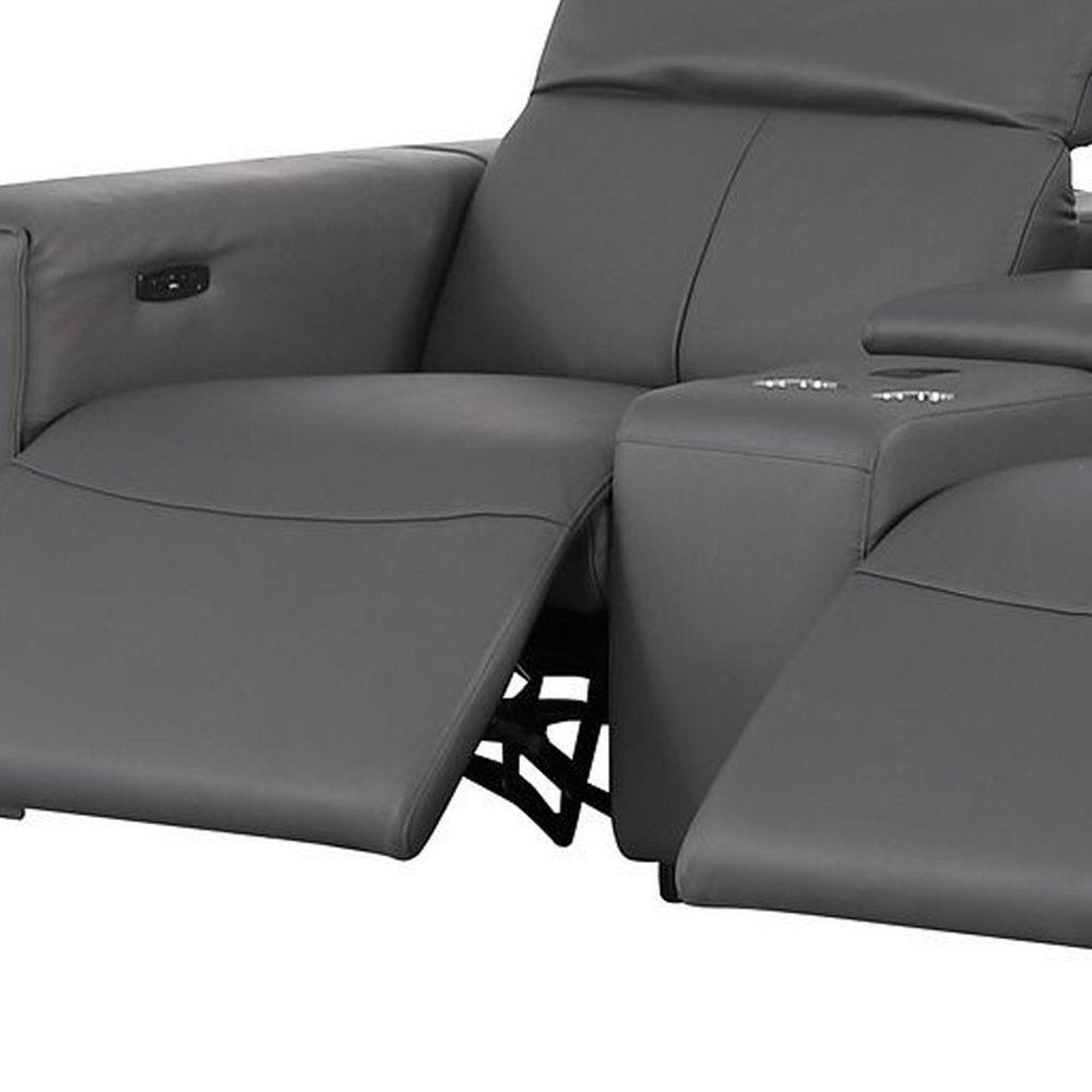 136" Dark Gray Top Grain Leather Reclining USB Sofa And Storage