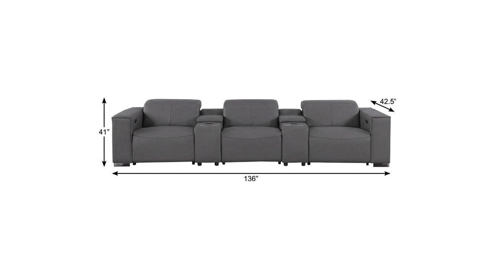 136" Dark Gray Top Grain Leather Reclining USB Sofa And Storage