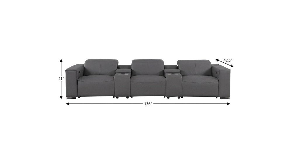 136" Dark Gray Top Grain Leather Reclining USB Sofa And Storage