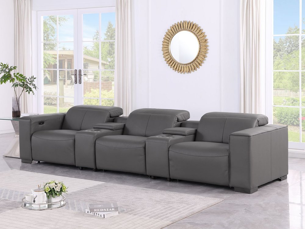 136" Dark Gray Top Grain Leather Reclining USB Sofa And Storage