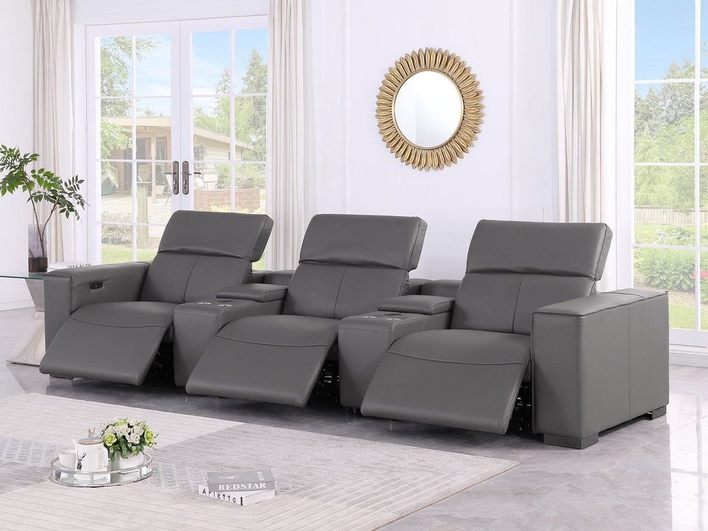 136" Dark Gray Top Grain Leather Reclining USB Sofa And Storage