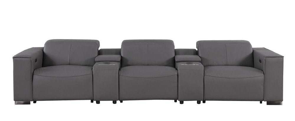 136" Dark Gray Top Grain Leather Reclining USB Sofa And Storage