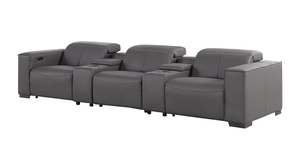 136" Dark Gray Top Grain Leather Reclining USB Sofa And Storage