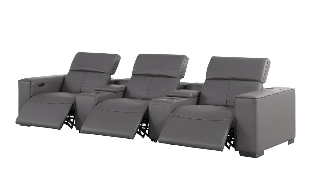 136" Dark Gray Top Grain Leather Reclining USB Sofa And Storage