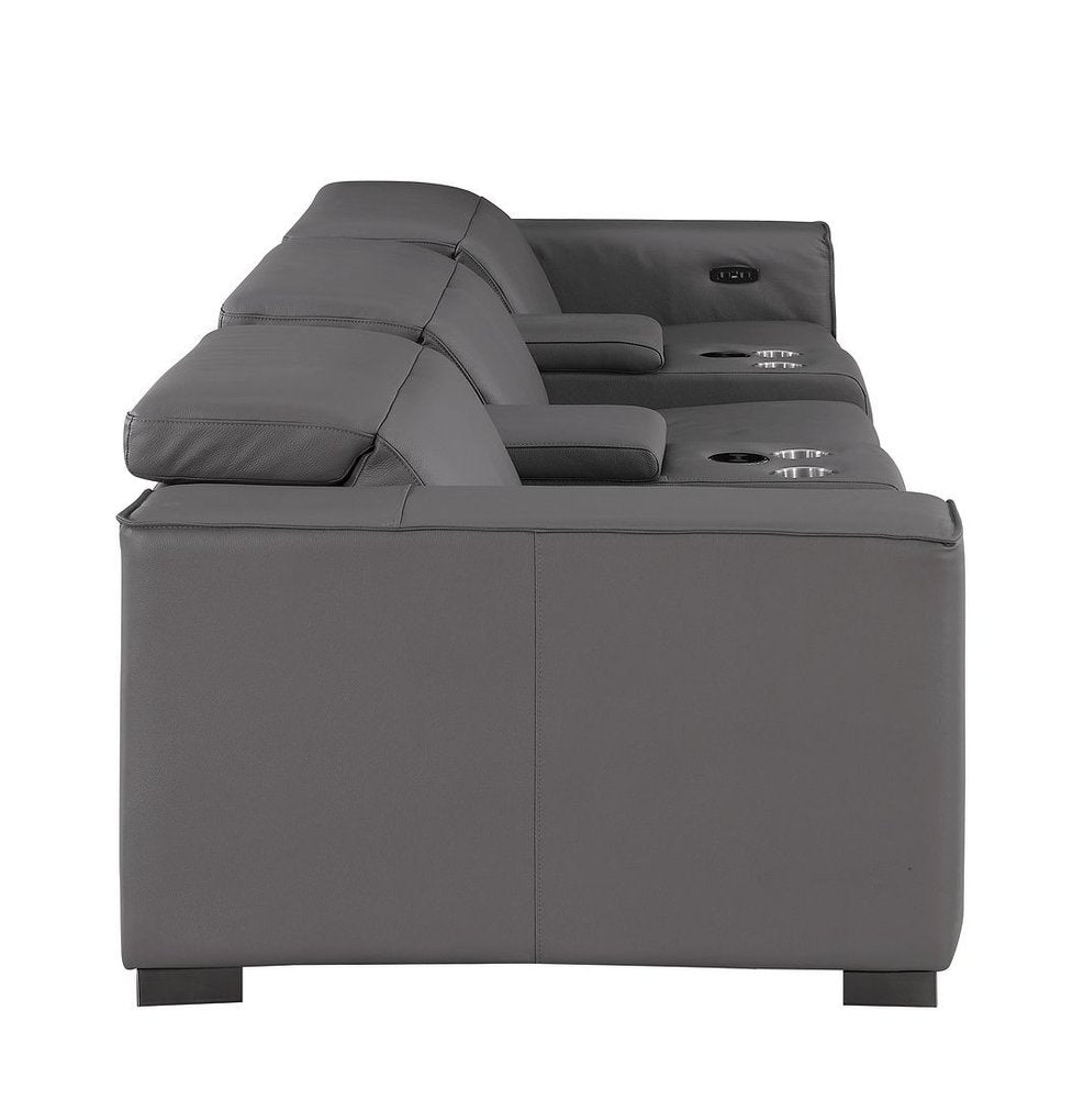 136" Dark Gray Top Grain Leather Reclining USB Sofa And Storage