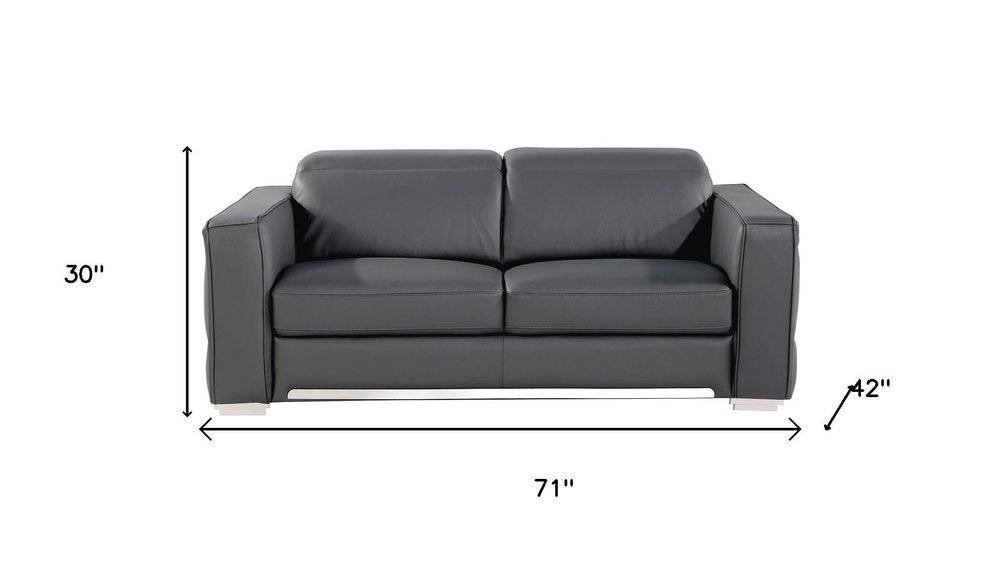 71" Dark Gray and Silver Italian Leather Loveseat