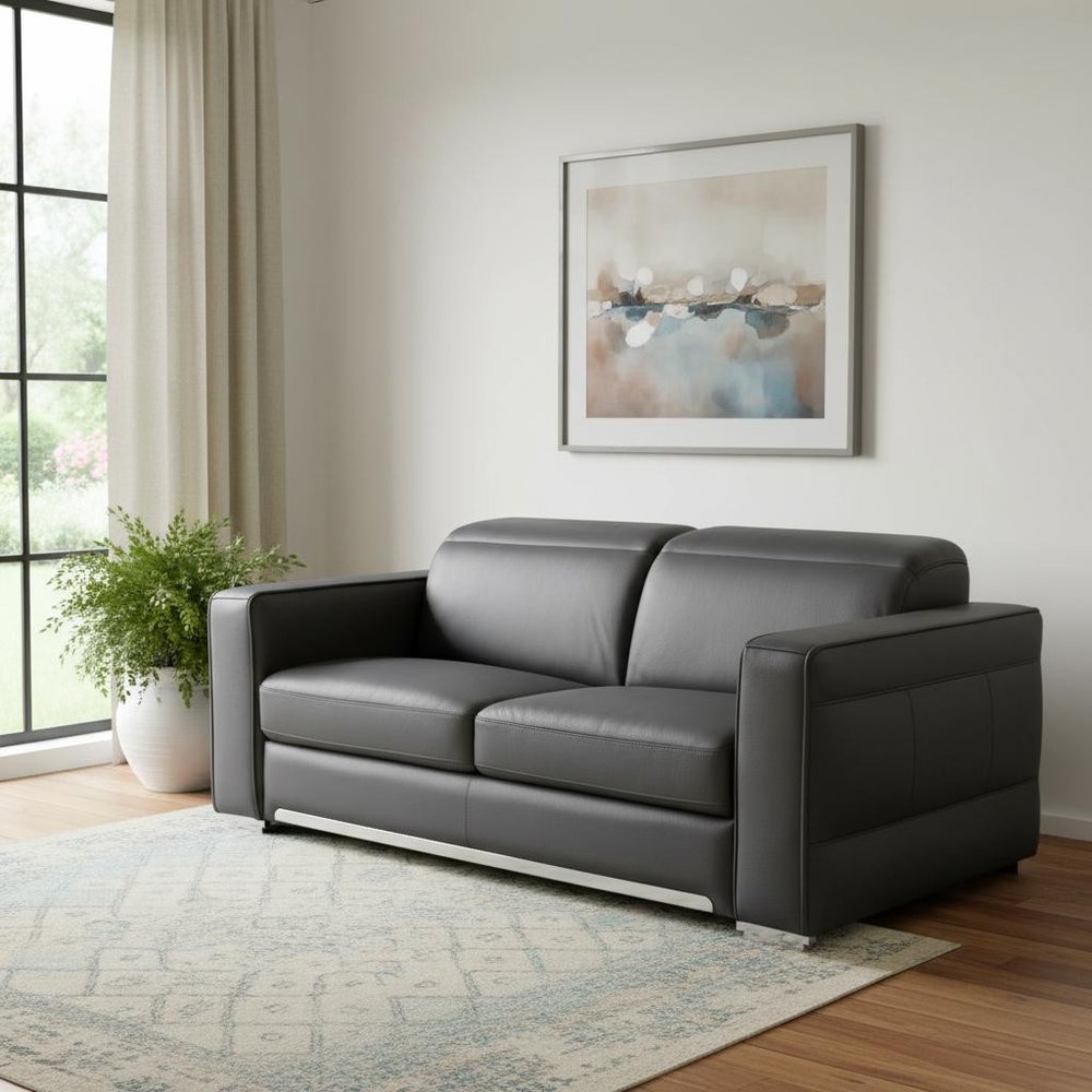 71" Dark Gray and Silver Italian Leather Loveseat