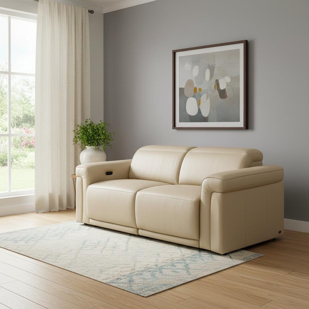 73" Cream and Black Italian Leather Power Reclining Loveseat