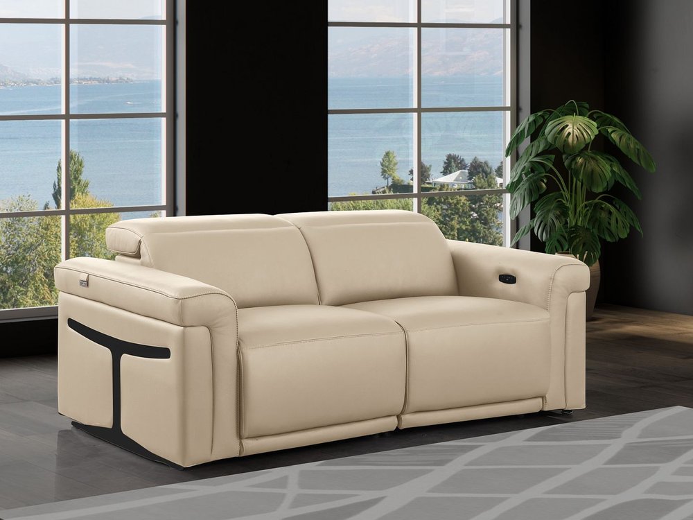 73" Cream and Black Italian Leather Power Reclining Loveseat