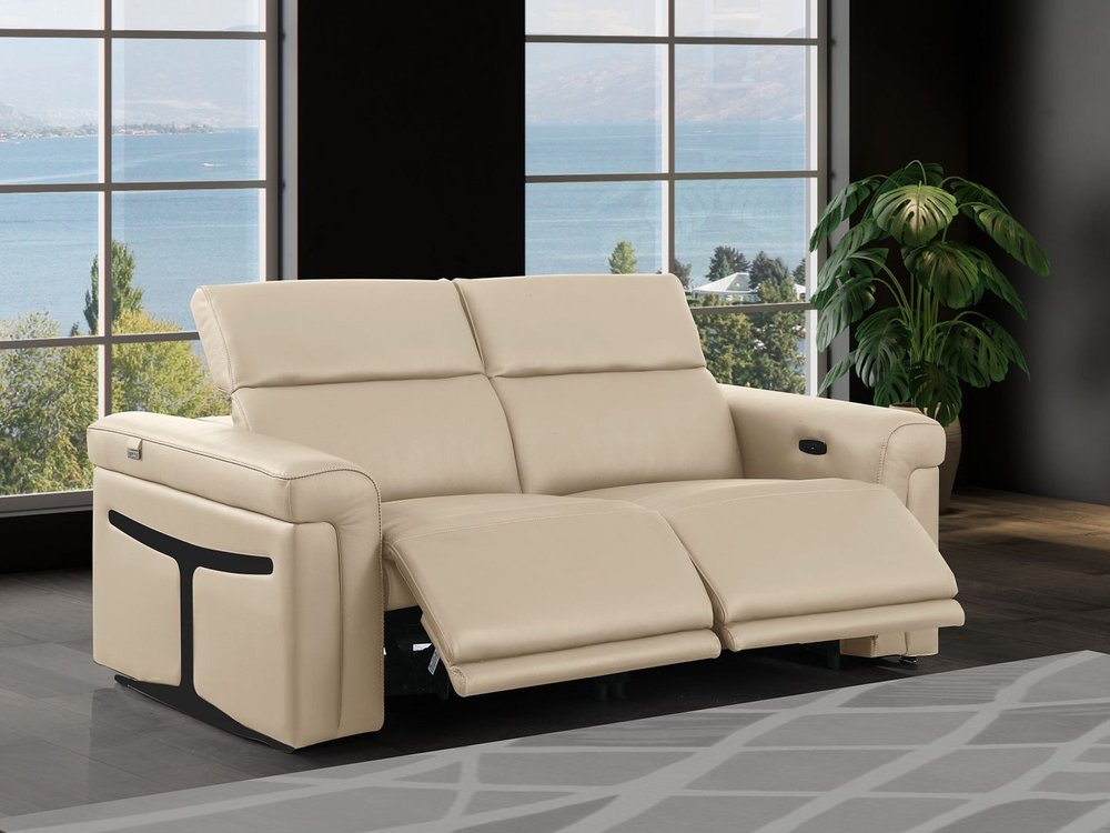 73" Cream and Black Italian Leather Power Reclining Loveseat