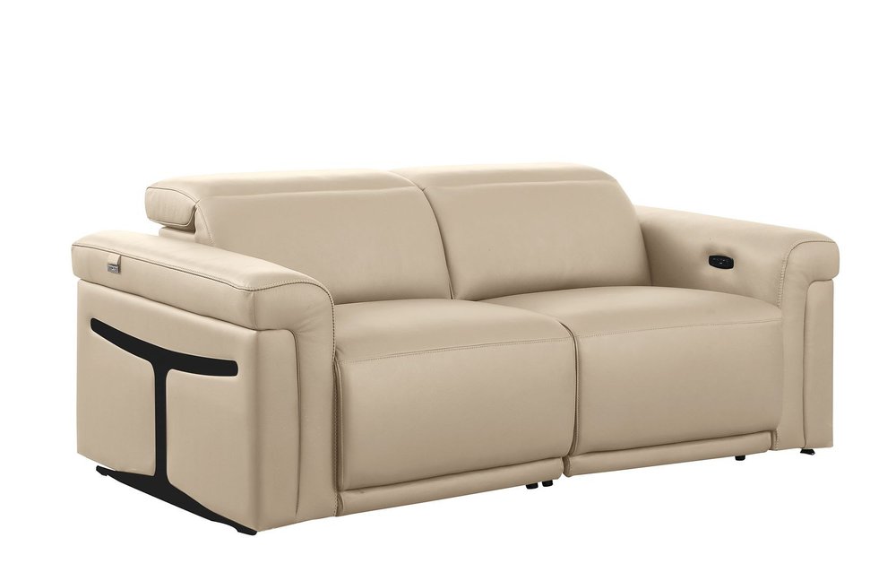 73" Cream and Black Italian Leather Power Reclining Loveseat