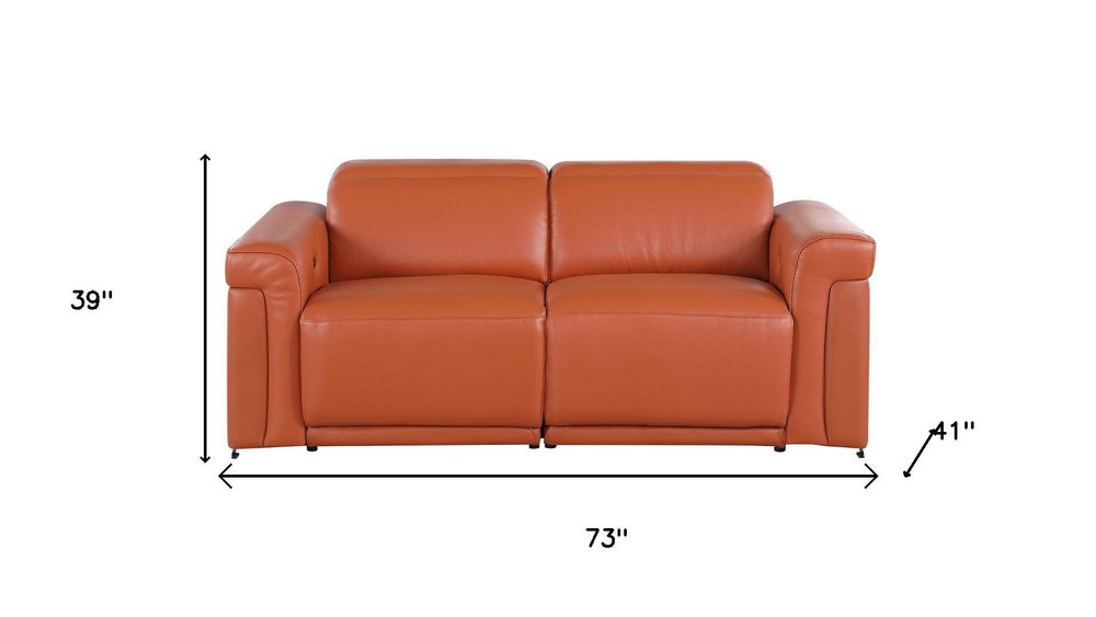 73" Orange and Black Italian Leather Power Reclining Loveseat